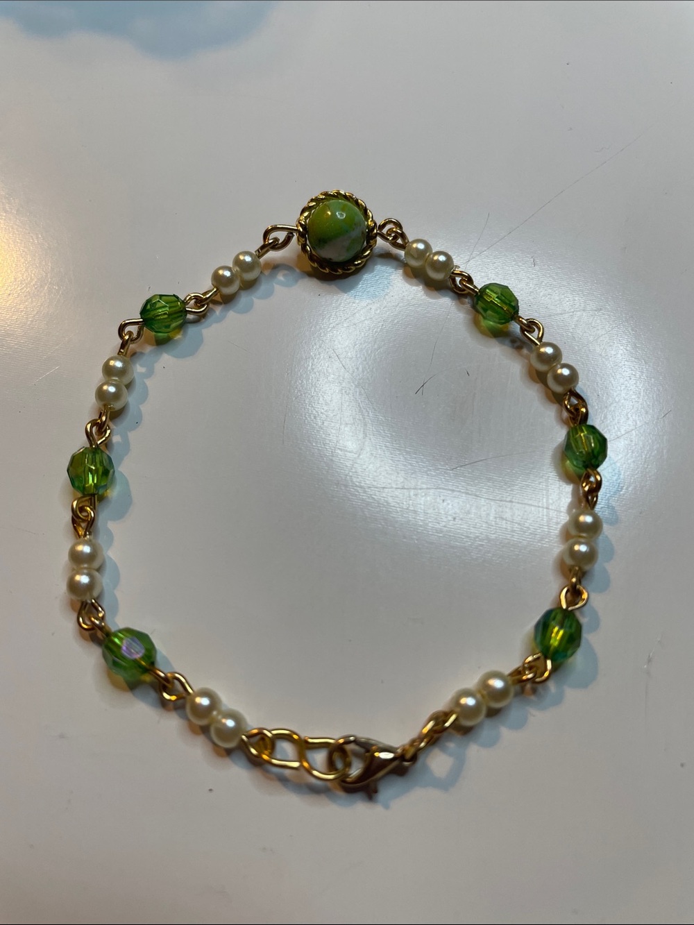 Gold Toned with Faux Pearl and Green Bead Bracelet
